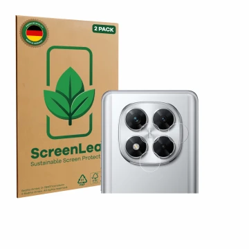 Parte frontal de un envase de producto con el logotipo de la marca ScreenLeaf. Al lado se muestra el dispositivo Xiaomi Poco X