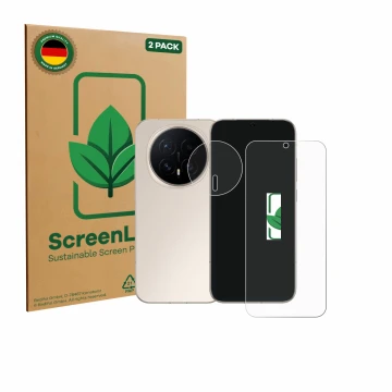 Parte frontal de un envase de producto con el logotipo de la marca ScreenLeaf. Al lado se muestra el dispositivo Honor Magic 8