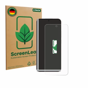Parte frontal de un envase de producto con el logotipo de la marca ScreenLeaf. Al lado se muestra el dispositivo Oppo Reno 14 
