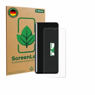 Parte frontal de un envase de producto con el logotipo de la marca ScreenLeaf. Al lado se muestra el dispositivo Samsung Galax