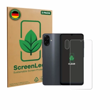 Parte frontal de un envase de producto con el logotipo de la marca ScreenLeaf. Al lado se muestra el dispositivo Samsung Galax