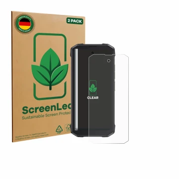 Parte frontal de un envase de producto con el logotipo de la marca ScreenLeaf. Al lado se muestra el dispositivo Cubot King Ko