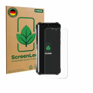 Parte frontal de un envase de producto con el logotipo de la marca ScreenLeaf. Al lado se muestra el dispositivo Oukitel WP53 