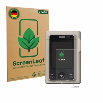 Parte frontal de un envase de producto con el logotipo de la marca ScreenLeaf. Al lado se muestra el dispositivo Fujifilm Inst