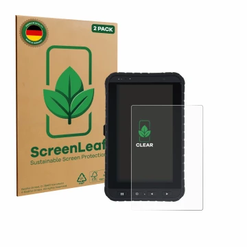 Parte frontal de un envase de producto con el logotipo de la marca ScreenLeaf. Al lado se muestra el dispositivo Winmate M700D