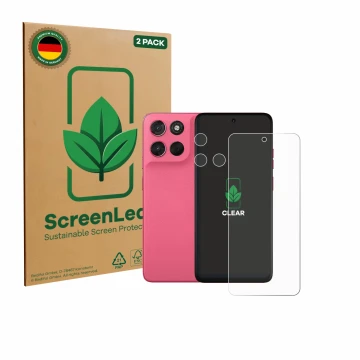 Parte frontal de un envase de producto con el logotipo de la marca ScreenLeaf. Al lado se muestra el dispositivo Motorola Moto