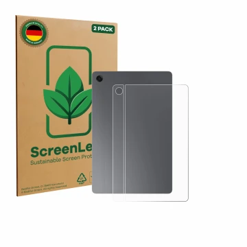 Parte frontal de un envase de producto con el logotipo de la marca ScreenLeaf. Al lado se muestra el dispositivo Samsung Galax