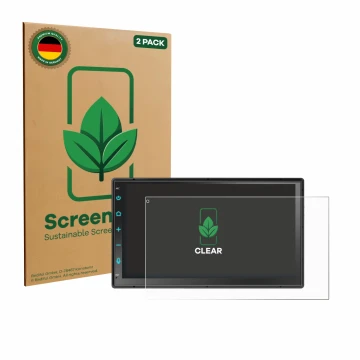 Parte frontal de un envase de producto con el logotipo de la marca ScreenLeaf. Al lado se muestra el dispositivo Atoto F7 WE F