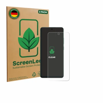 Parte frontal de un envase de producto con el logotipo de la marca ScreenLeaf. Al lado se muestra el dispositivo Oppo Reno 12 