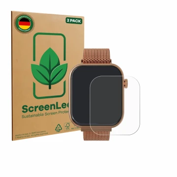 Parte frontal de un envase de producto con el logotipo de la marca ScreenLeaf. Al lado se muestra el dispositivo Techmade M-GL