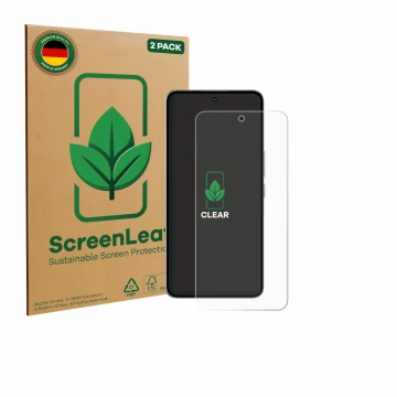 Parte frontal de un envase de producto con el logotipo de la marca ScreenLeaf. Al lado se muestra el dispositivo Nubia Neo 3 G