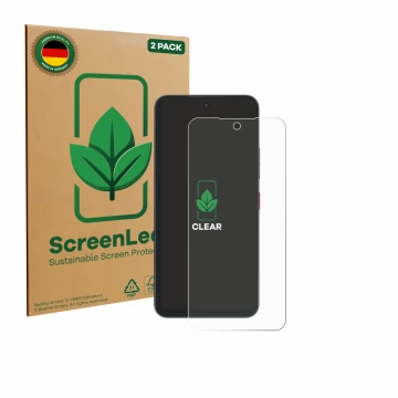Parte frontal de un envase de producto con el logotipo de la marca ScreenLeaf. Al lado se muestra el dispositivo Telekom T Pho