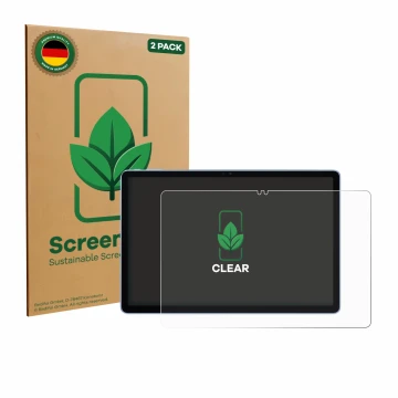 Parte frontal de un envase de producto con el logotipo de la marca ScreenLeaf. Al lado se muestra el dispositivo Itel VistaTab