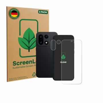 Parte frontal de un envase de producto con el logotipo de la marca ScreenLeaf. Al lado se muestra el dispositivo OnePlus 15 (F
