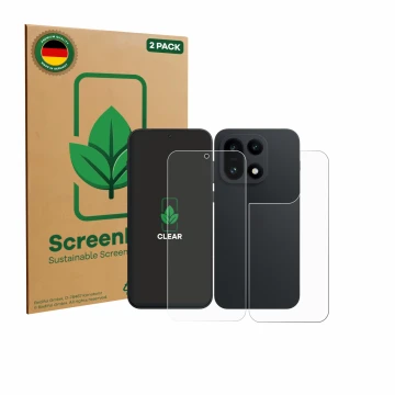 Parte frontal de un envase de producto con el logotipo de la marca ScreenLeaf. Al lado se muestra el dispositivo OnePlus 15 (F