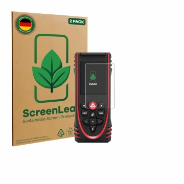 Parte frontal de un envase de producto con el logotipo de la marca ScreenLeaf. Al lado se muestra el dispositivo Leica DISTO X