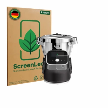 Parte frontal de un envase de producto con el logotipo de la marca ScreenLeaf. Al lado se muestra el dispositivo Moulinex i-Co