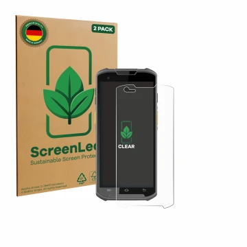 Parte frontal de un envase de producto con el logotipo de la marca ScreenLeaf. Al lado se muestra el dispositivo Newland MT93 