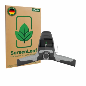 Parte frontal de un envase de producto con el logotipo de la marca ScreenLeaf. Al lado se muestra el dispositivo PowaKaddy FW5
