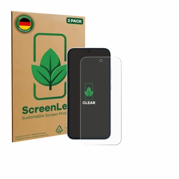 Parte frontal de un envase de producto con el logotipo de la marca ScreenLeaf. Al lado se muestra el dispositivo Oppo Reno 15 