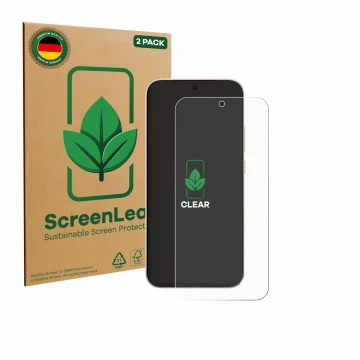 Parte frontal de un envase de producto con el logotipo de la marca ScreenLeaf. Al lado se muestra el dispositivo Oppo Reno 15 