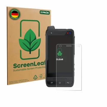 Parte frontal de un envase de producto con el logotipo de la marca ScreenLeaf. Al lado se muestra el dispositivo Uniwa F400 co