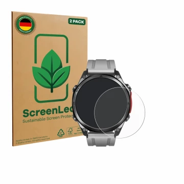 Parte frontal de un envase de producto con el logotipo de la marca ScreenLeaf. Al lado se muestra el dispositivo Doogee Anywis
