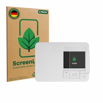 Parte frontal de un envase de producto con el logotipo de la marca ScreenLeaf. Al lado se muestra el dispositivo Canon Selphy 