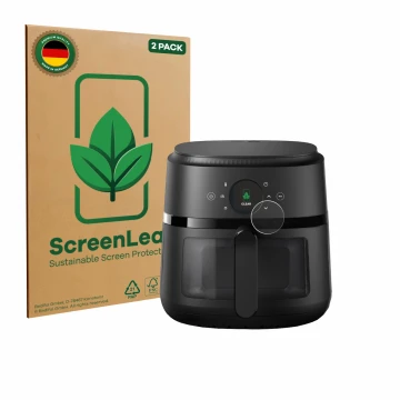 Parte frontal de un envase de producto con el logotipo de la marca ScreenLeaf. Al lado se muestra el dispositivo Philips Airfr