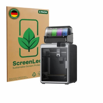 Parte frontal de un envase de producto con el logotipo de la marca ScreenLeaf. Al lado se muestra el dispositivo Creality K2 c