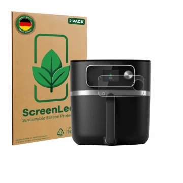 Parte frontal de un envase de producto con el logotipo de la marca ScreenLeaf. Al lado se muestra el dispositivo Philips Airfr