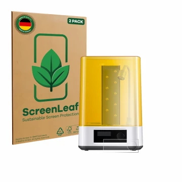 Parte frontal de un envase de producto con el logotipo de la marca ScreenLeaf. Al lado se muestra el dispositivo Anycubic Wash