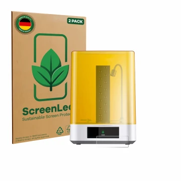 Parte frontal de un envase de producto con el logotipo de la marca ScreenLeaf. Al lado se muestra el dispositivo Anycubic Wash