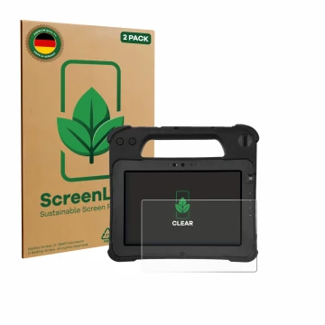 Parte frontal de un envase de producto con el logotipo de la marca ScreenLeaf. Al lado se muestra el dispositivo Zebra XPad L1
