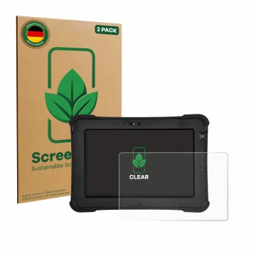 Parte frontal de un envase de producto con el logotipo de la marca ScreenLeaf. Al lado se muestra el dispositivo Zebra XSlate 