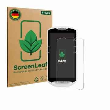 Parte frontal de un envase de producto con el logotipo de la marca ScreenLeaf. Al lado se muestra el dispositivo Zebra TC57ax 