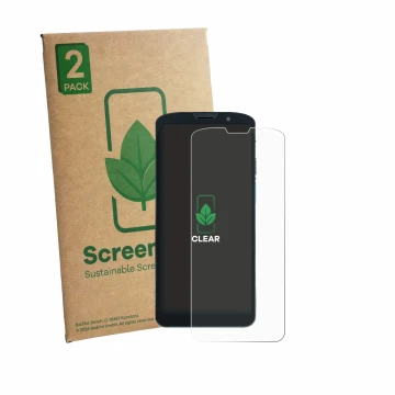 Parte frontal de un envase de producto con el logotipo de la marca ScreenLeaf. Al lado se muestra el dispositivo Unitech EA630