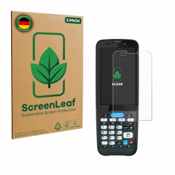 Parte frontal de un envase de producto con el logotipo de la marca ScreenLeaf. Al lado se muestra el dispositivo Unitech HT330