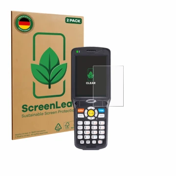 Parte frontal de un envase de producto con el logotipo de la marca ScreenLeaf. Al lado se muestra el dispositivo Unitech HT510