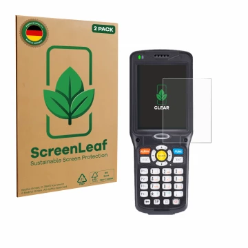 Parte frontal de un envase de producto con el logotipo de la marca ScreenLeaf. Al lado se muestra el dispositivo Unitech HT510