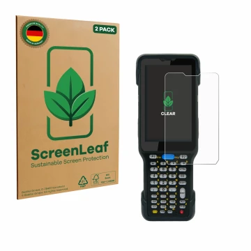 Parte frontal de un envase de producto con el logotipo de la marca ScreenLeaf. Al lado se muestra el dispositivo Unitech HT730