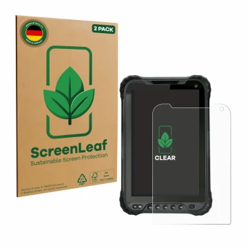 Parte frontal de un envase de producto con el logotipo de la marca ScreenLeaf. Al lado se muestra el dispositivo Unitech TB85 