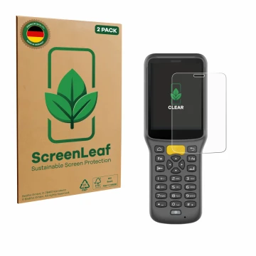 Parte frontal de un envase de producto con el logotipo de la marca ScreenLeaf. Al lado se muestra el dispositivo Newland MT37 