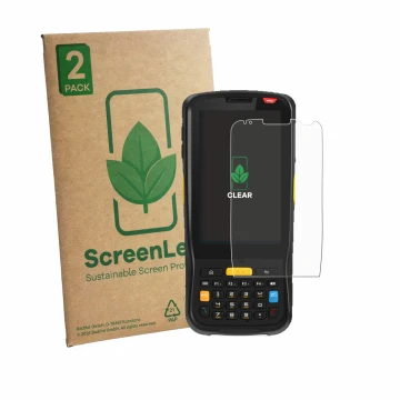 Parte frontal de un envase de producto con el logotipo de la marca ScreenLeaf. Al lado se muestra el dispositivo Newland MT65 