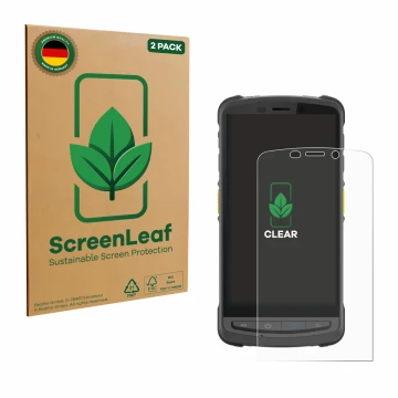 Parte frontal de un envase de producto con el logotipo de la marca ScreenLeaf. Al lado se muestra el dispositivo Newland MT905