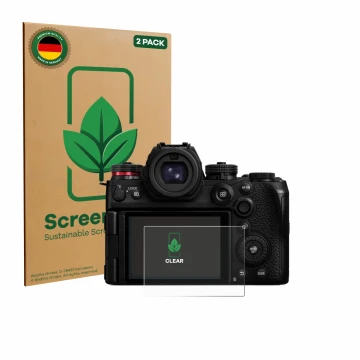Parte frontal de un envase de producto con el logotipo de la marca ScreenLeaf. Al lado se muestra el dispositivo Panasonic Lum