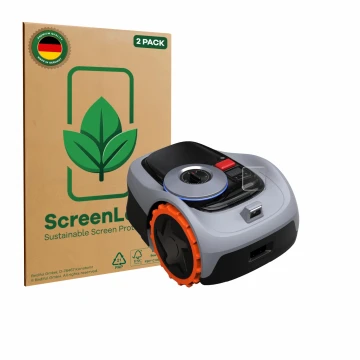 Parte frontal de un envase de producto con el logotipo de la marca ScreenLeaf. Al lado se muestra el dispositivo Navimow i105E