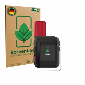 Parte frontal de un envase de producto con el logotipo de la marca ScreenLeaf. Al lado se muestra el dispositivo Garmin inReac