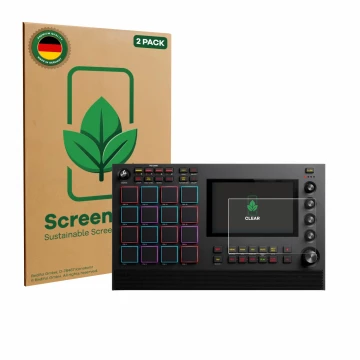Parte frontal de un envase de producto con el logotipo de la marca ScreenLeaf. Al lado se muestra el dispositivo Akai MPC Live