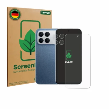Parte frontal de un envase de producto con el logotipo de la marca ScreenLeaf. Al lado se muestra el dispositivo Xiaomi Poco F